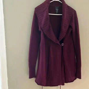 [L]Talula Burgundy One Button  Closure Wool Cashmere Cardigan Big Neck Sweater